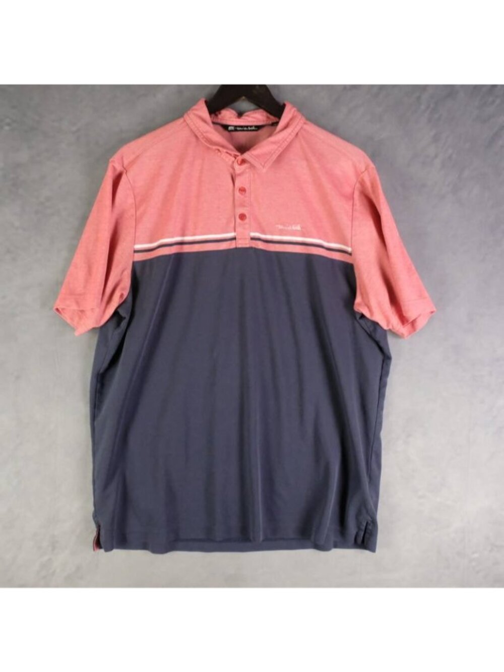 travisMathew Shirt Men's XL Coral Navy Striped Polo Golf Pima Cotton